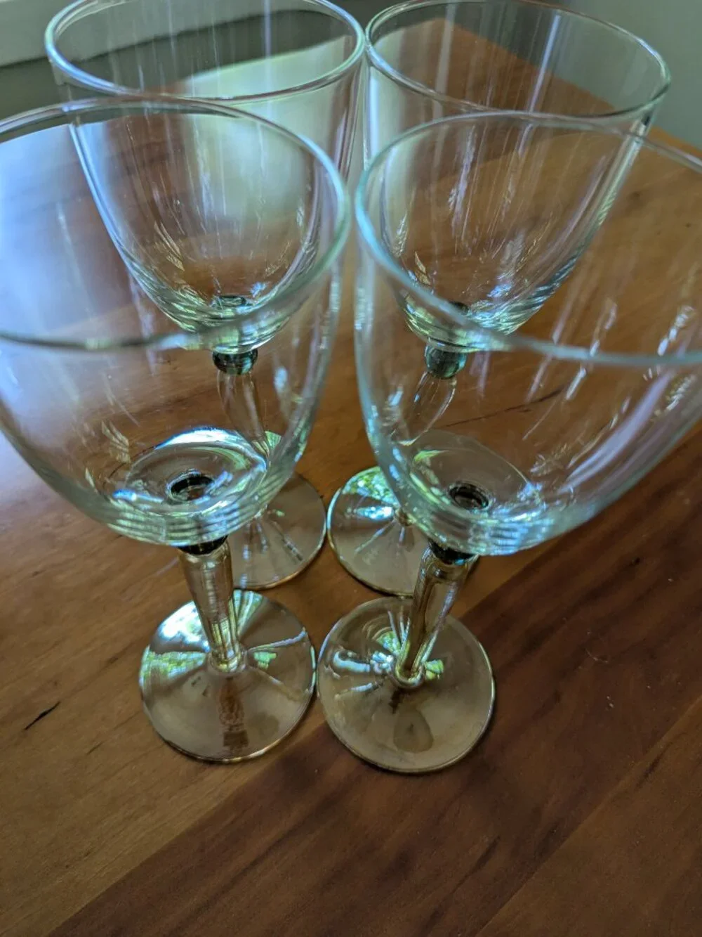 Vintage Pottery Barn Goblets Glasses Iridescent Amber Stem Green Bubble Set of 4